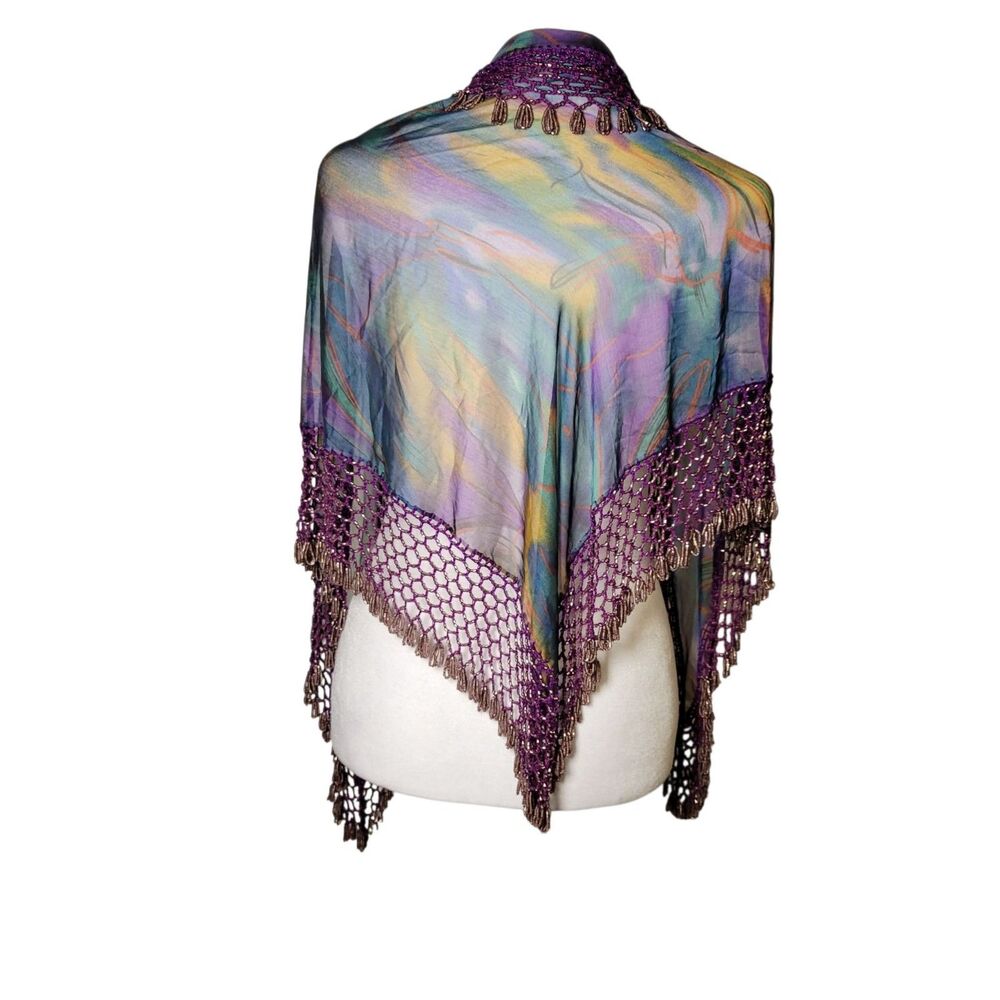 Vtg 90s Watercolor Whimsigoth Glass Beaded Fringe Shawl Fairycore Boho Wrap Y2K